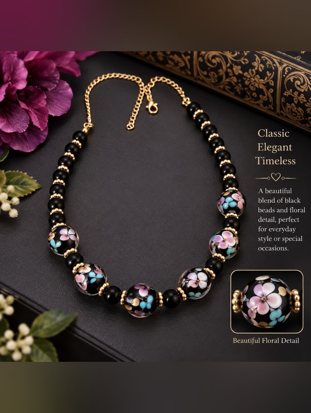 Elegant Black Floral Bead Necklace